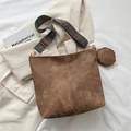 Brown vintage large tote bag with embroidered wide strap and matching round coin purse - Brown