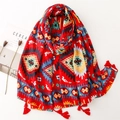 Red Bohemian geometric shawl with ethnic print and red tassels on cotton linen fabric - 180*85CM / Red Bohemian Geometric Style (SL2306-033)