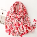 Écharpe fleurie rose effet coton-lin avec fils métallisés et pompons élégants - 180*90CM / Rouge
