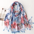 Écharpe en coton et lin à fleurs bleues avec franges délicates pour femmes au printemps - Style à Glands Floraux Bleus (SL2307-011) / 180*85CM