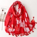 Red scarf with heart prints and silver threads, featuring elegant fringe tassels - Red Heart Style (No Silver Thread)