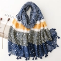 Navy and yellow bohemian patchwork scarf with silver glitter dots and fringe tassels - 180*85CM / Blue