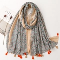 Elegant floral cotton linen scarf with bohemian patterns and soft fringe tassels - Khaki