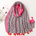 Floral cotton linen feel scarf with colorful geometric patterns and elegant long tassels - Rose Pink