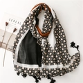 Blue and brown geometric print scarf with fringes on minimalist white background - Color Block Geometric Tassel Style (SL2304-024)