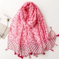 Sciarpa rosa in misto cotone e lino con stampa floreale e morbide nappe a frangia - rosa acceso