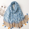 Floral cotton linen feel scarf with blue flower patterns and colorful tassels - Blue