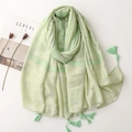 Light green linen floral scarf with elegant tassels and breathable soft fabric texture - Pale Green
