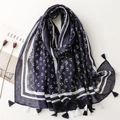 Sciarpa blu scuro con stampa di ancore, nappe bianche e morbido tessuto in lino - 180*85CM / Stampa Ancora Blu Navy (SL2304-039)