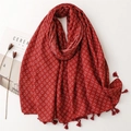 Red cotton linen scarf with white star prints and tassels in a flat lay minimalist style - 180*85CM / Red