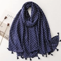 Bohemian navy blue linen-feel scarf with white star patterns and decorative tassels - 180*85CM / Navy Blue