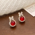Elegant chalcedony bow earrings with red gemstone and cubic zirconia in gold setting - Gold Red Resin