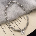 Double-layer dark grey pearl necklace featuring a silver butterfly zircon pendant - Silver Grey Pearl (High Luster)