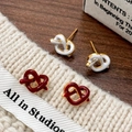 French vintage red and white enamel twist stud earrings with elegant gold-tone metal finish - Red Heart Zirconia