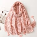 Pink cotton-linen scarf for women with brown geometric patterns and fringe tassels - 180*90CM / Orange Pink Geometric Lines (SL2306-001)
