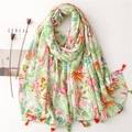 Elegant cotton linen scarf with floral bird print and colorful tassels on white background - Tropical Floral Bird Print Tassel Style (SL2301-013)