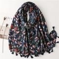 Navy cotton linen shawl with red floral patterns and fringe details on white background - Navy Floral Butterfly Print (SL2301-014) / 180x90cm