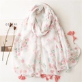 Floral print cotton linen scarf with pink tassels and light blue flower pattern for women - 180*85CM / White Floral (SL2302-010)