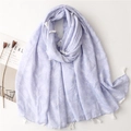 Lavender floral cotton-linen scarf with white tassel trim for beach sun protection - Light Purple (SL2302-014)