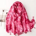 Pink bohemian floral ink print scarf with tassels for summer beach sun protection - Ink Wash Pink (SL2302-025 Red)