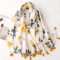 Lightweight cotton linen scarf with orange fruit print and yellow fringe tassels - Orange Print (SL2302-017)