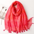 Bohemian fuchsia scarf with orange geometric patterns and tassel edges on white background - 180*110cm / Rose Red Geometric Style (SL2302-020)