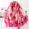 Floral print cotton linen scarf in red and beige with decorative tassels - Red & White Floral Maple Leaf Style (SL2302-030)