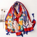Ethnic style silk shawl with persimmon patterns and blue tassels on a white background - 180*90CM / Red