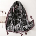 Elegant black silk scarf with white abstract vein patterns and delicate tassels - Black
