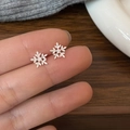 Macro shot of silver snowflake earrings with sparkling zircon held by fingers - Snowflake Stud Earrings / Silver