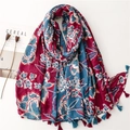Sciarpa leggera in cotone e lino con motivi floreali rossi e blu e nappine con frange - Stampa Floreale Rosso Vino E Blu Ciano (SL2303-014) / 180*85