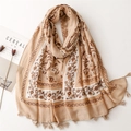 Écharpe élégante en coton et lin beige avec motifs floraux vintage et fines franges - 180*85CM / Kaki (SL2304-009)