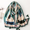 Elegante sciarpa in seta da donna con stampe cinturino, strisce e nappine - 180x90cm / Blu