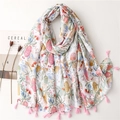 Sciarpa leggera a fiori con nappe rosa e stampa Protea per la protezione solare - 180cm x 90cm / Stampa Vegetale con Nappine Rosa (SL2304-011)