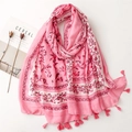 Écharpe florale rose en coton et lin avec glands élégants et bordures artistiques - 180*85CM / Rose Fuchsia (SL2304-009)