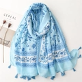 Light blue floral cotton linen scarf with tassels displayed on a minimal white background - 180*85CM / Blue (SL2304-009)