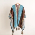 Poncho scialle in maglia etnica con motivo chevron colorato e frange bohémien - Stile Patchwork Celeste/Caffè/Beige (SL2303-013 4#)