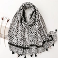 Linen feel scarf with black and grey clover pattern, geometric borders and tassels - 180*85CM / Black