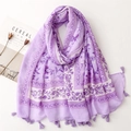 Close-up of purple camellia floral print scarf with fine tassels and soft cotton-linen texture - 180*85CM / Purple (SL2304-009)
