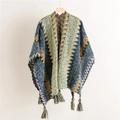 Detail of colorful zigzag knit shawl with decorative tassel fringe on wooden hanger - Blue/Green/Yellow/Orange Zigzag Style (SL2303-013 8#)