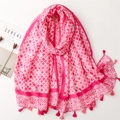Pink cotton-linen feel scarf with star pattern and soft tassel edges on white background - 180*85CM / Rose Pink