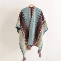 Detail of bohemian knit shawl featuring colorful zigzag patterns and tassel fringe - Beige/Cyan/Wine Red/Navy Patchwork Style (SL2303-013 9#)