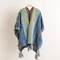 Detail of colorful knitted shawl featuring geometric patterns and handmade tassels - Blue/Light Green/Red/Yellow/Black Ethnic Style (SL2303-013 10#)