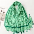 Green and white floral cotton linen scarf with elegant tassels and a lightweight drape - 180*85CM / Green