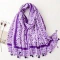 Detail of purple cotton linen scarf with clover patterns and delicate tassels - 180*85CM / Purple