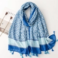 Blue and white floral cotton linen scarf with soft tassels for women's vacation style - Blue