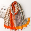Sciarpa in stile francese in cotone e lino con nappe e motivi floreali geometrici - Arancione