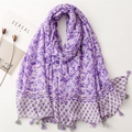 Elegant purple primrose print scarf with soft tassels and premium cotton linen feel - Purple
