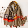Artistic khaki scarf with abstract map pattern and colorful tassels for women - Khaki Hand-painted Map Pattern (SL2210-043) / 180x85cm