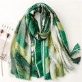Green linen-feel scarf with gold foil ink painting texture and elegant raw edges - Green (SL2211-002)